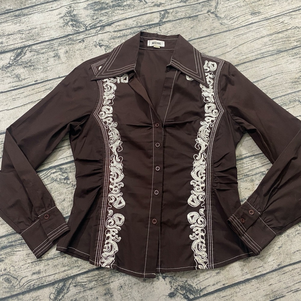 Moschino Womens 6 Vtg 90s Embroidered Long Sleeve Blouse Western Pleated‎